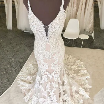 2021 Новейшие Изысканные Кружевные свадебные платья Русалки для невесты без рукавов с глубоким V-образным вырезом, украшенные бисером сзади