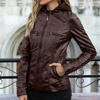 2023 Новая кожаная куртка для женщин, однотонная кожаная куртка на молнии с капюшоном и длинными рукавами, женские пальто