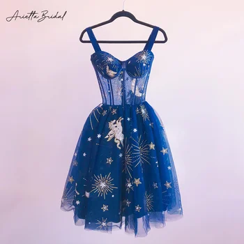 Arietta Blue Constellation Тюлевые мини-платья для выпускного вечера на бретельках выше колена, Платья для Встречи выпускников трапециевидной формы, Короткие вечерние платья