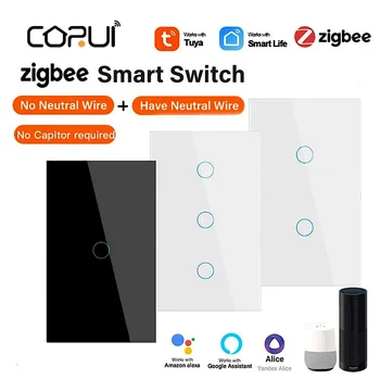CORUI Tuya ZigBee Умный Сенсорный Выключатель Настенная Кнопка 118 мм * 72 мм Стеклянная Панель Smart Life APP Control Alexa Google Home Assistant Alice