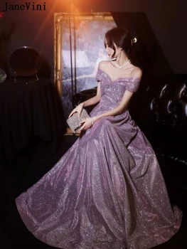 JaneVini Элегантное Фиолетовое Вечернее Платье для Выпускного вечера для Женщин 2023, Роскошные Дизайнерские Вечерние Блестящие Длинные Платья с открытыми плечами для Особых Случаев