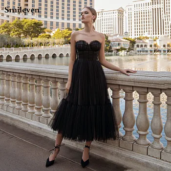 Smileven, Черные Короткие платья для выпускного вечера из тюля Трапециевидной формы 2021, прозрачное вечернее платье длиной до косточек, Сшитое на заказ