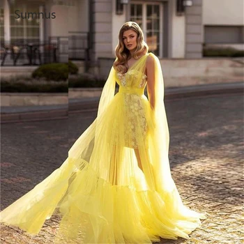 Sumnus 2022 Желтое Вечернее Платье из Тюля в стиле Бохо Трапециевидной формы С Кружевными Аппликациями, Прозрачное Длинное Вечернее Платье De Fiesta De Boda