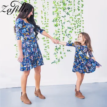 ZAFILLE/ Весеннее одинаковое платье для мамы и Дочки 2023, Синяя Одежда для мамы и меня с цветочным принтом, Семейное платье для мамы и дочки