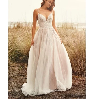 Бретельки-спагетти, свадебное платье в стиле Бохо 2021, Кружевное свадебное платье с v-образным вырезом цвета шампанского, платье принцессы, белый халат de mariee