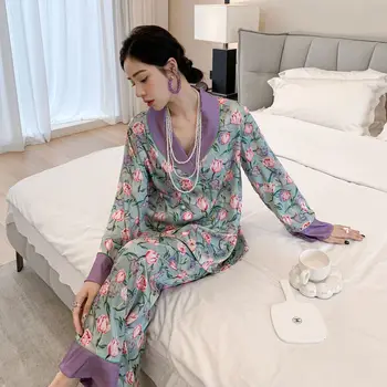 Весенняя Женская Атласная Пижама для Сна, Комплект из двух предметов, Домашняя одежда для Сна, Пижама с цветочным принтом