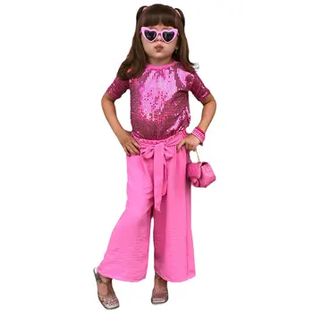 Детские Комплекты Одежды для маленьких девочек, Летняя Розовая футболка с короткими рукавами и блестками + Широкие брюки 2023, Праздничная одежда для танцев, от 1 до 8 лет