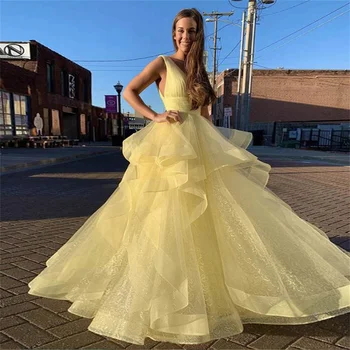 Желтое тюлевое платье для выпускного вечера для женщин, платья для официальных мероприятий, Элегантные платья с глубоким V-образным вырезом, Бальное платье, Новинка на вечеринке Dresses Robe 2023