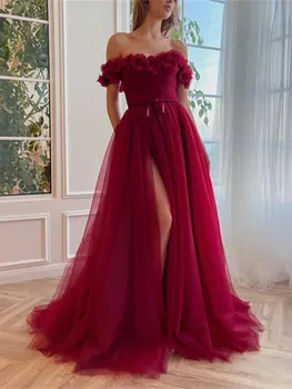 Женские красные платья с длинными оборками, открытыми плечами, без рукавов, Элегантные платья для выпускного вечера с 3D цветочной наклейкой, тюлевое вечернее платье длиной до пола, халат