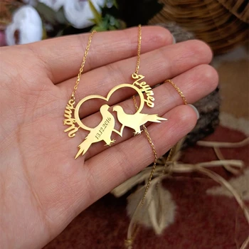 Изготовленное на заказ романтическое ожерелье с Птицами Любви, персонализированное ожерелье с именами пар, выгравированная дата Рождения или годовщина свадьбы, подвеска в виде сердца