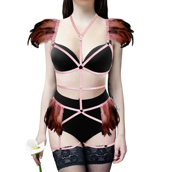 Комплект нижнего белья с перьями, Аксессуары для Модного танцевального Рейв-костюма, Сексуальные женщины в стиле панк-готики, Пояс для чулок, Подвязки