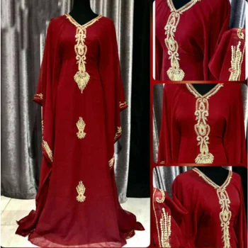 Красный халат с V-образным вырезом, Дубайский кафтан, Пуловер с длинным рукавом, Модная вышивка, Марокканская этническая одежда из ткани Жоржет