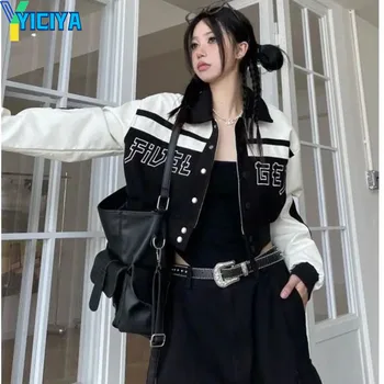Куртка-бомбер YICIYA, черная женская университетская новая верхняя одежда, куртки American pull a rope y2k racing, бейсбольная куртка оверсайз, топы