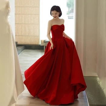 Новое Красное атласное Свадебное платье без бретелек, без рукавов, длиной до пола, Vestido De Noiva, Модные Элегантные винтажные вечерние платья