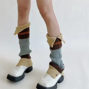 Новые гетры в стиле ретро, зимние, с застежкой на пуговицы, Y2K Harajuku, японские вязаные длинные носки контрастного цвета с ворсом