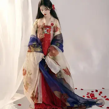 Новый традиционный женский комплект одежды Hanfu в китайском стиле с цветочным принтом Hanfu, изысканная вышивка, комплект одежды для косплея сказочной древней принцессы