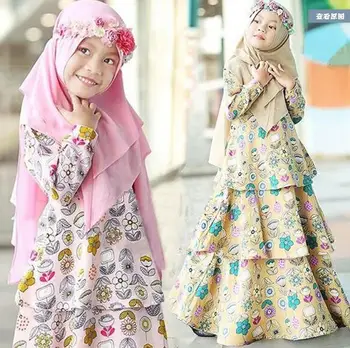 Платье с длинным рукавом и круглым вырезом в виде фрагментированного цветка для девочек в китайском стиле Хуэй, юбка-торт, повязка на голову, комплект из двух предметов