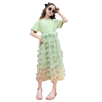 Платья для маленьких девочек, Летнее Новое Многослойное платье с короткими рукавами, Элегантное платье Принцессы длиной до щиколоток, Модная детская одежда