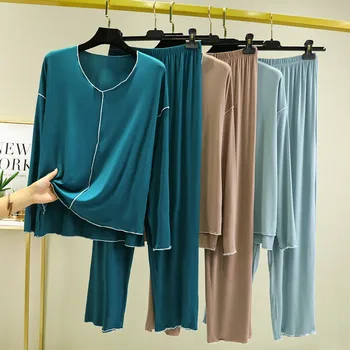 Свободный мягкий модальный комплект пижам для отдыха, однотонная весенняя новинка 2023, распродажа женской домашней одежды, повседневные брюки с длинным рукавом, пижамный комплект 3XL