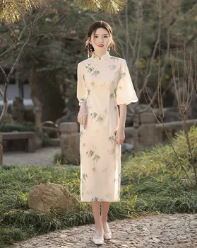 Сексуальное шифоновое платье Ципао с расклешенными рукавами в стиле ретро, элегантное женское повседневное платье Ципао с пуговицами ручной работы в китайском стиле