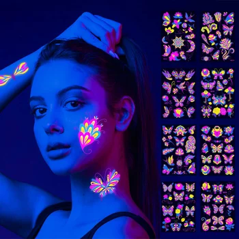 Флуоресцентные наклейки с татуировкой в виде бабочки для лица, Ночной клуб, бар, Аппликация в виде Розы, Водонепроницаемые наклейки с татуировкой для защиты окружающей среды