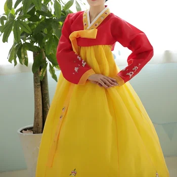 Ханбок, Этническое платье-Ханбок, Женское Классическое Красное/желтое Традиционное Платье с ручной вышивкой в виде Пиона Decora Hanbok, Праздничное Представление