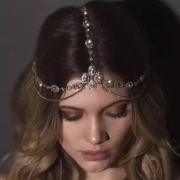 Хрустальная повязка на лоб, Свадебный Головной убор с цепочкой для волос для женщин, украшение для волос в виде капли Воды со Стразами