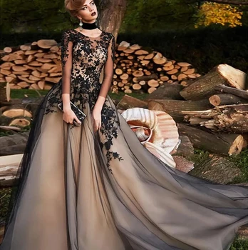 Черные готические свадебные платья Трапециевидной формы с Длинными рукавами, Винтажное платье Невесты, Кружевная аппликация из бисера, 2023 Vestido