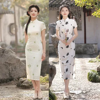 Элегантное Шифоновое Китайское Повседневное платье Ципао с цветочной вышивкой из Шифона Чонсам в китайском стиле, Женское Сексуальное Платье с коротким рукавом