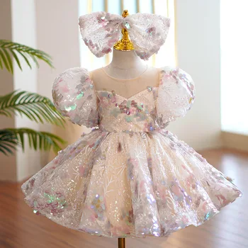 Элегантные платья с пышными рукавами и цветочным рисунком для девочек, детские торжественные платья на День рождения, Сказочная принцесса, Блестки, Детские платья из тюля